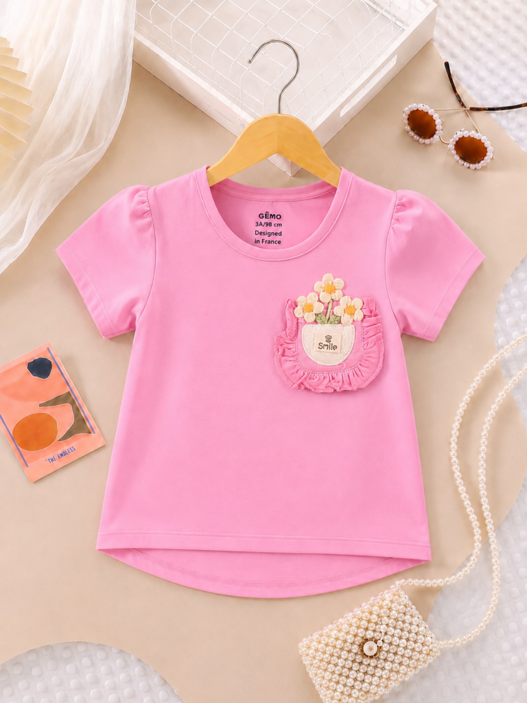 Baby Girls Bunny Pocket T-Shirt in Pink with Floral Pocket