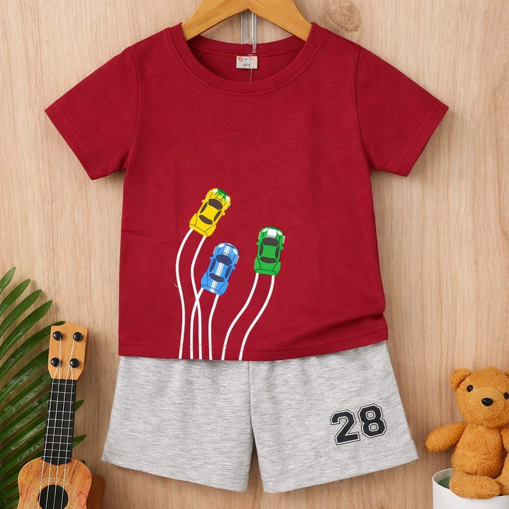 Boys car print t-shirt shorts set in maroon and grey