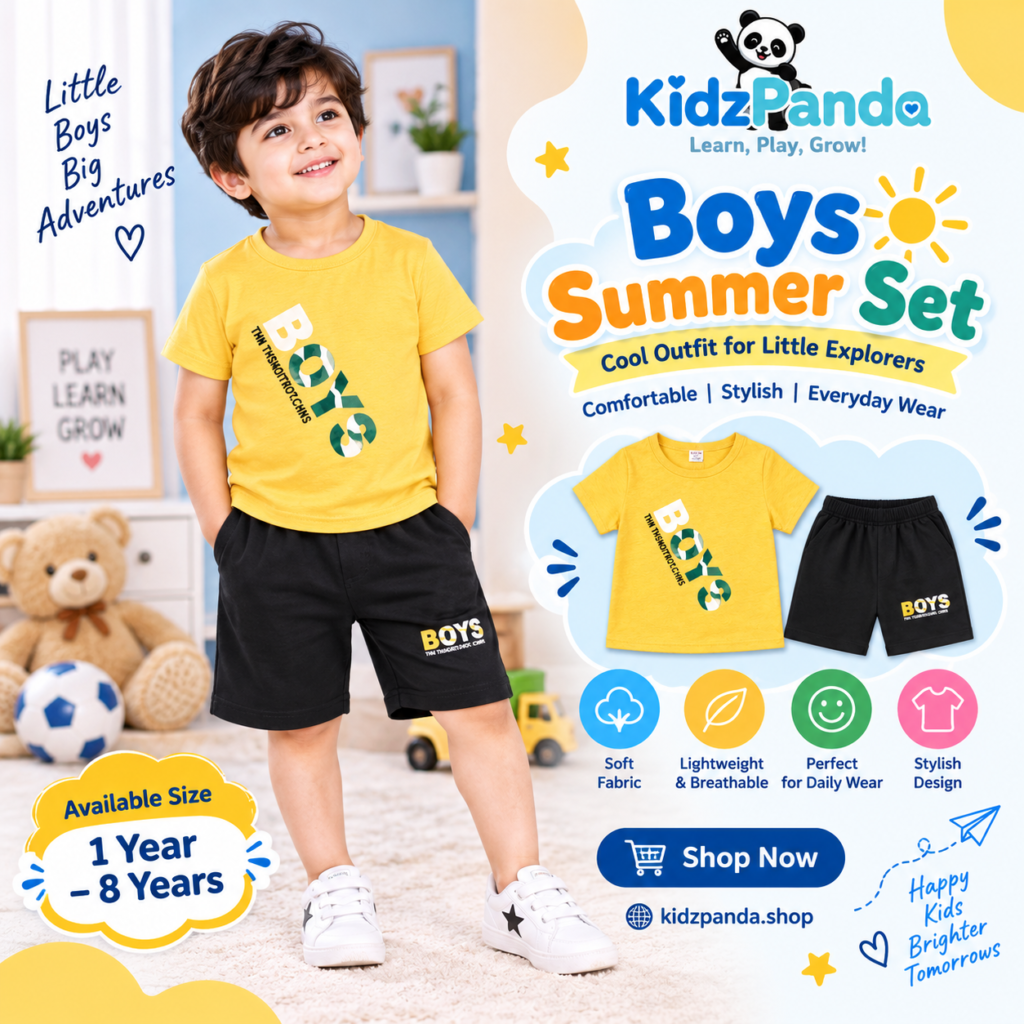 Yellow Boys Summer Set with T-Shirt and Black Knee-Length Shorts for Kids