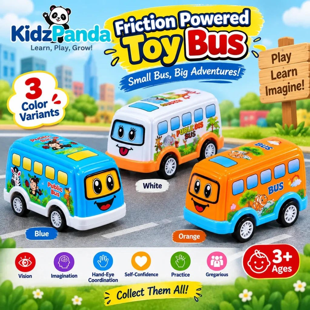 Friction Powered Toy Bus for Kids - Blue White and Orange Colors - KidsPanda