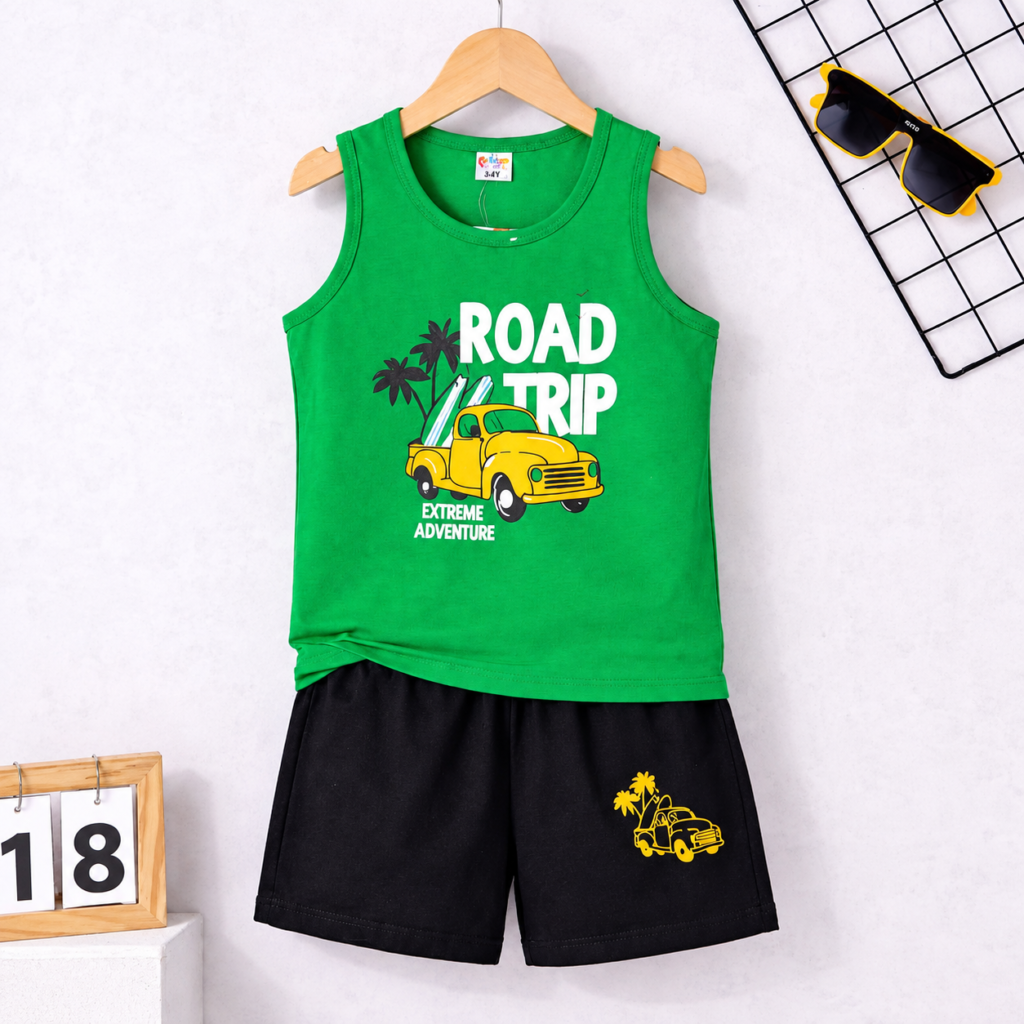 Green Road Trip sleeveless set for kids with black shorts