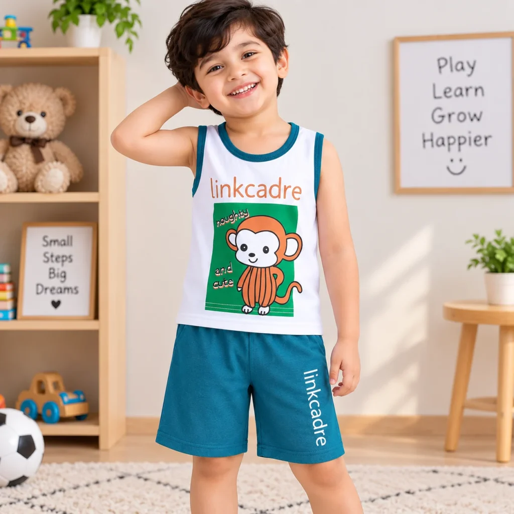 Child wearing white sleeveless t-shirt with teal shorts and monkey print