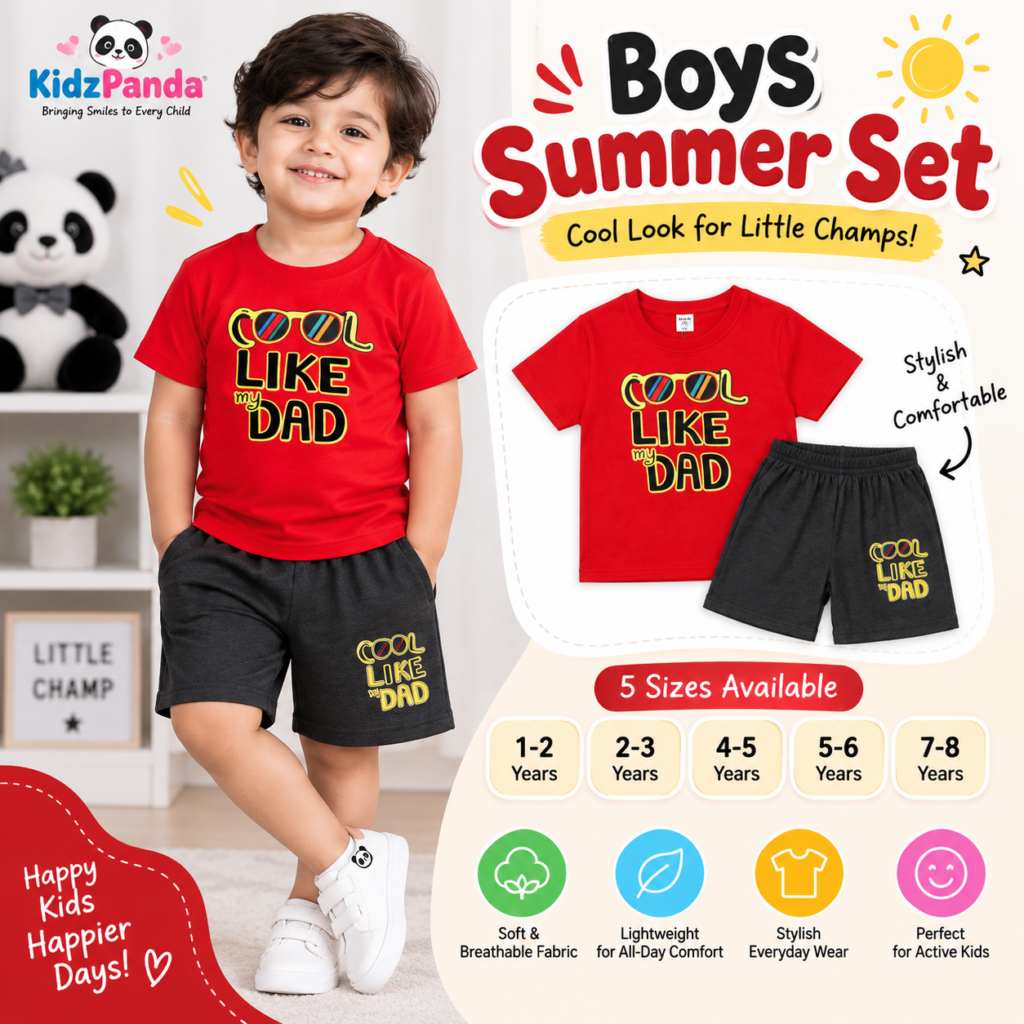 Red Boys Summer Set with COOL LIKE my DAD T-Shirt and Dark Grey Shorts