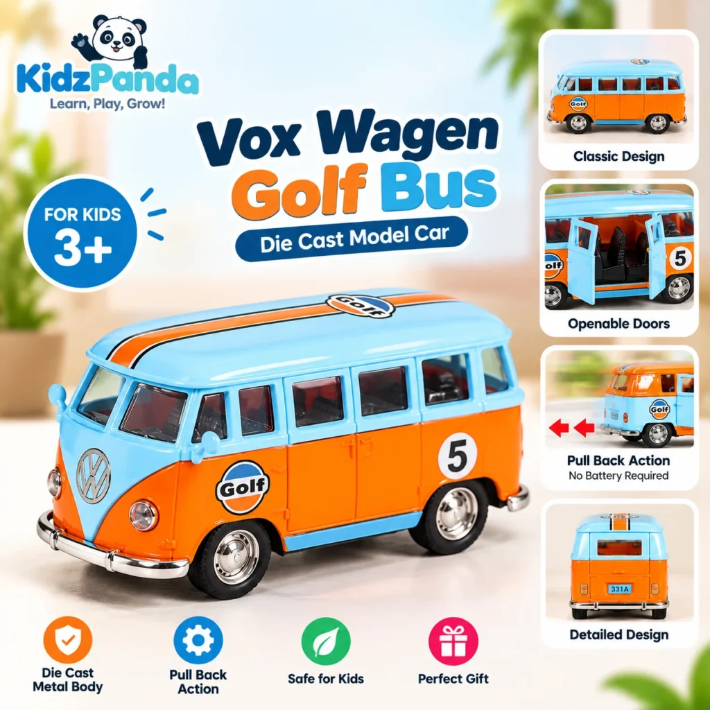 Vox Wagen Golf Toy Bus blue and orange die cast model car
